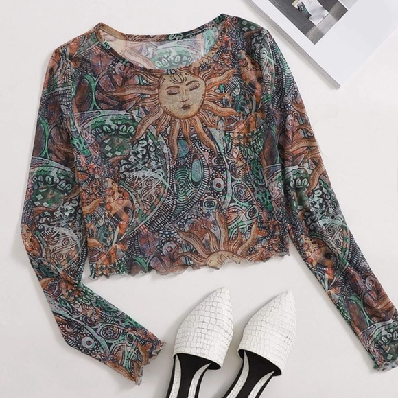 Ladies Round Neck Mesh See-through Sunflower Print Long Sleeves - Picture 1 of 4